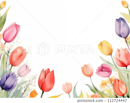 colorful tulip flower botanical border frame Happy Easter with copy space in the middle spring season on white background 112724447