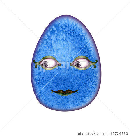 Watercolor Easter abstract colorful surreal egg with characteristic face for Easter egg hunt clipart, invitations, stickers, scrapbooking, borders, patterns, packaging, gifts, wallpaper, background 112724780