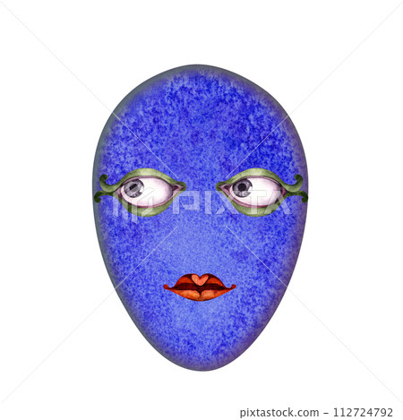 Watercolor Easter abstract colorful surreal egg with characteristic face for Easter egg hunt clipart, invitations, stickers, scrapbooking, borders, patterns, packaging, gifts, wallpaper, background 112724792