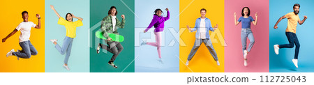 Active energetic young men and women jumping over colorful studio backgrounds 112725043