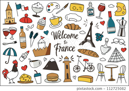 France symbols collection, Eiffel tower, croissant, cafe icons, vector illustrations of french flag and paris landmarks, travel in Europe, simple cute doodles of castle, monastery, culture elements 112725082