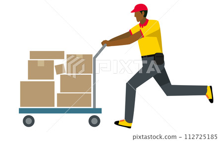 Illustration of an 8-sized black man carrying luggage on a trolley White background Flat design Delivery transportation courier logistics image Illustration of an 8-sized black man carrying luggage on a trolley White background Flat design Delivery transportation courier logistics image 112725185