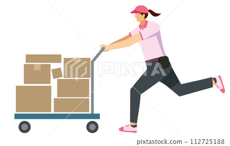 Illustration of an 8-sized Japanese woman carrying luggage on a trolley White background Flat design Delivery transportation courier logistics image Illustration of an 8-sized Japanese woman carrying luggage on a trolley White background Flat design Delivery transportation courier logistics image 112725188