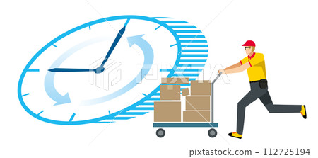 Illustration of an 8th-sized Caucasian man carrying luggage on a trolley Clock background Flat design Delivery transportation courier logistics image Illustration of an 8th-sized Caucasian man carrying luggage on a trolley Clock background Flat design Delivery transportation courier logistics image 112725194