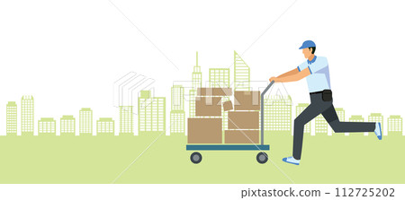 Illustration of an 8-sized Japanese man carrying luggage on a trolley Cityscape background Flat design Delivery transportation courier logistics image Illustration of an 8-sized Japanese man carrying luggage on a trolley Cityscape background Flat design Delivery transportation courier logistics image 112725202