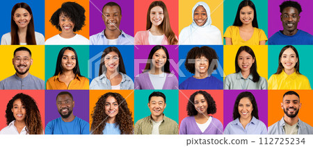 A grid of smiling faces from various ethnic backgrounds, each person radiating positivity 112725234