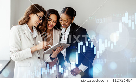 Three professional women engaging in a collaborative discussion over a tablet 112725494