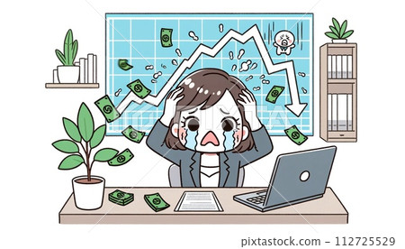 一名女子因股價下跌而抱頭哭泣的插畫 112725529