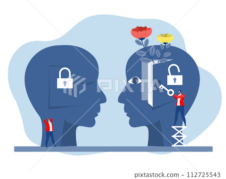 Big head human think unlock think mind through a book growth mindset different think lockfixed mindset concept vector Big head human think unlock think mind through a book growth mindset different think lockfixed mindset concept vector 112725543