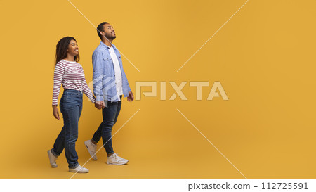 Portrait of happy black couple holding hands and walking towards copy space 112725591