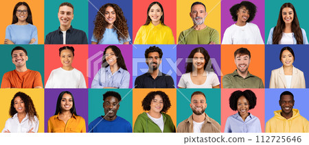 Mosaic of cheerful mature and millennial different people in casual has video call, enjoy lifestyle 112725646