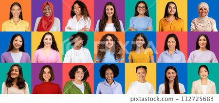An array of confident individuals from various ethnicities, displaying a mix of professional An array of confident individuals from various ethnicities, displaying a mix of professional 112725683