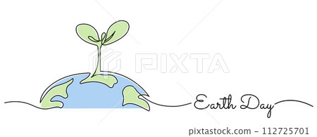 Earth Day one line art drawing with handwritten style text and green sprout growing on blue planet 112725701