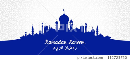 Ramadan kareem holiday, arabian city and mosque landscape with oriental ornament background. Vector festive greeting card with blue ancient arab town silhouette skyline and intricate arabesque pattern Ramadan kareem holiday, arabian city and mosque landscape with oriental ornament background. Vector festive greeting card with blue ancient arab town silhouette skyline and intricate arabesque pattern 112725730