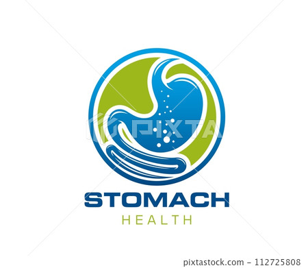 Stomach health care icon. Isolated vector gastroenterology clinic emblem of healthy human digestive system inside of green circle. Medical label of belly, internal gut or colon cure and wellbeing 112725808