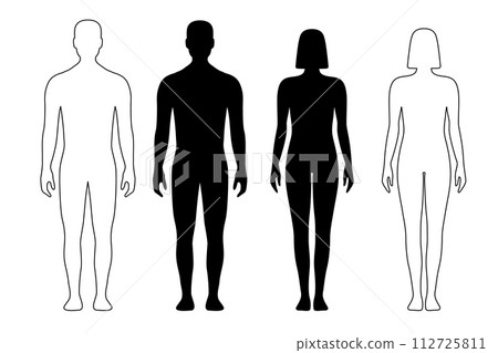 Man and woman human body silhouette, outline figure, patient front view contour. Isolated vector monochrome male and female person shapes, standing full height. Bare and naked slim healthy people 112725811