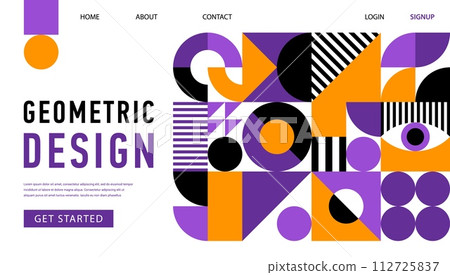 Site landing page with abstract geometric pattern, creative template. Vector modern modular web banner design with bright purple, white, black and orange colors, dynamic minimal geometry shapes Site landing page with abstract geometric pattern, creative template. Vector modern modular web banner design with bright purple, white, black and orange colors, dynamic minimal geometry shapes 112725837