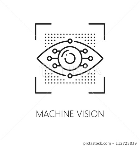 Machine vision and learning, AI artificial intelligence algorithm icon. AI data analysis, technology future innovation, machine learning science thin line vector pictogram with artificial eyeball 112725839