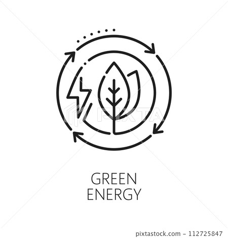 Green energy and eco power line icon of leaf and electricity, vector outline symbol. Natural energy production and alternative power generation technology for renewable bio energy source innovation 112725847
