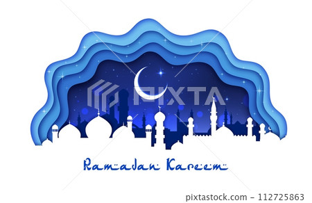 Ramadan kareem islamic arabian mosque silhouette and crescent moon inside of paper cut layered 3d vector frame. Antique arab town cityscape with domes and spires under the blue starry sky Ramadan kareem islamic arabian mosque silhouette and crescent moon inside of paper cut layered 3d vector frame. Antique arab town cityscape with domes and spires under the blue starry sky 112725863