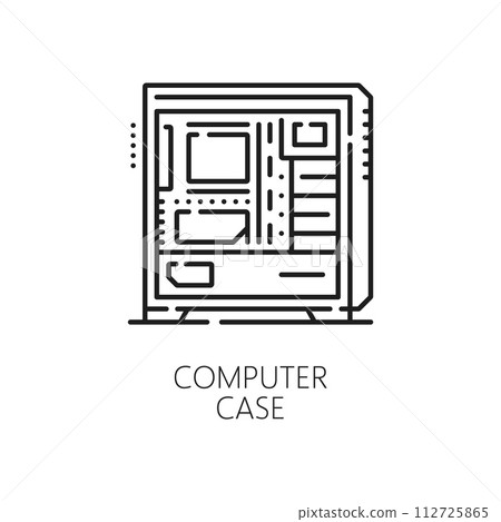 Computer industry, app development software, electronics hardware outline icon. Computer hardware upgrade and service, software testing and develop thin line vector symbol with PC computer tower case Computer industry, app development software, electronics hardware outline icon. Computer hardware upgrade and service, software testing and develop thin line vector symbol with PC computer tower case 112725865