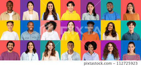 A diverse array of individuals from various ethnicities, wearing bright casual clothes A diverse array of individuals from various ethnicities, wearing bright casual clothes 112725923