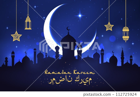 Crescent moon and arabian lanterns on night sky background, ramadan kareem eid mubarak holiday greeting card. Vector banner with traditional muslim mosque silhouette and hanging arab fanous lamps Crescent moon and arabian lanterns on night sky background, ramadan kareem eid mubarak holiday greeting card. Vector banner with traditional muslim mosque silhouette and hanging arab fanous lamps 112725924