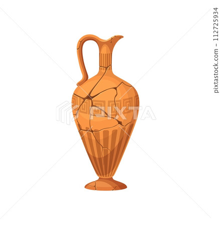 Ancient broken vase and pottery. Old ceramic cracked pot or jug. Isolated cartoon vector earthenware pitcher. Vessel for wine or oil, museum artefact with cracks, greek or roman pattern and handle Ancient broken vase and pottery. Old ceramic cracked pot or jug. Isolated cartoon vector earthenware pitcher. Vessel for wine or oil, museum artefact with cracks, greek or roman pattern and handle 112725934