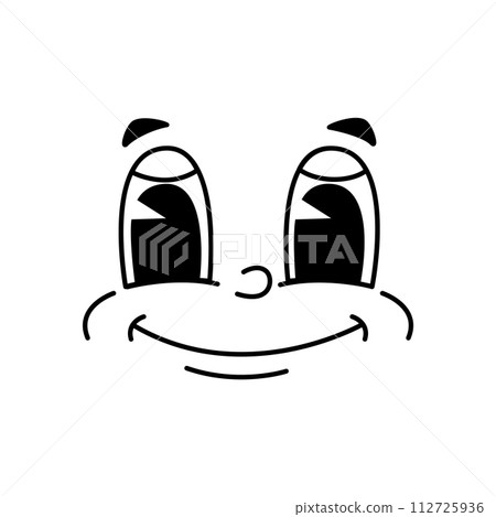Cartoon funny comic groovie face emotion or retro cute emoji character, vector smile. Happy smiling goggle eyes with mouth in doodle line for emoji or emoticon in groovy quirky style Cartoon funny comic groovie face emotion or retro cute emoji character, vector smile. Happy smiling goggle eyes with mouth in doodle line for emoji or emoticon in groovy quirky style 112725936