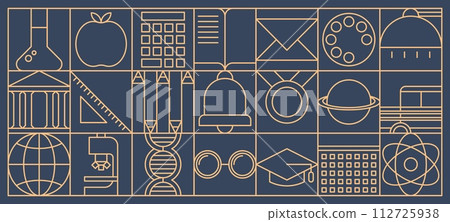 Education and science abstract modern line geometric pattern, vector background. School ruler, student university and teacher glasses with calculator and laboratory vial in geometric line pattern Education and science abstract modern line geometric pattern, vector background. School ruler, student university and teacher glasses with calculator and laboratory vial in geometric line pattern 112725938