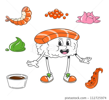 Cartoon funny groovy Japanese sushi character. Isolated vector funky Asian food personage, rice ball with salmon slice, soy sauce, wasabi, shrimp, caviar, ginger and octopus fresh ingredients around 112725974