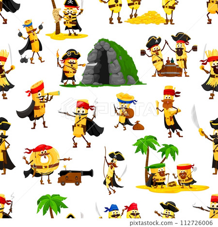 Cartoon Italian pasta as pirate corsair characters in seamless pattern, vector background. Funny penne in Caribbean pirate captain hat, spaghetti corsair and tagliatelle filibuster with gun and sword Cartoon Italian pasta as pirate corsair characters in seamless pattern, vector background. Funny penne in Caribbean pirate captain hat, spaghetti corsair and tagliatelle filibuster with gun and sword 112726006
