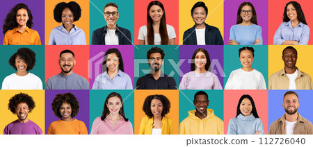 A collage of diverse, cheerful people with different ethnicities smiling confidently 112726040