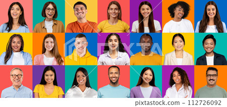 A vibrant collection of headshots showcasing a diverse group of individuals of varying ages 112726092