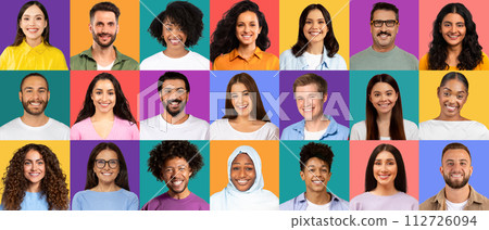A lively mosaic of smiling individuals from a range of ethnicities, dressed in casual A lively mosaic of smiling individuals from a range of ethnicities, dressed in casual 112726094
