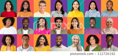 Diverse group of joyful individuals from various ethnicities, with beaming smiles 112726192