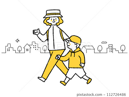 A boy and his mother go out wearing hats 112726486