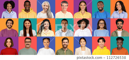 An array of joyful individuals from diverse backgrounds, each wearing different colors An array of joyful individuals from diverse backgrounds, each wearing different colors 112726538