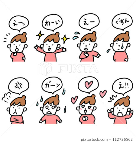Hand-drawn set of women in various poses and expressions - joy, anger, sadness and happiness 112726562