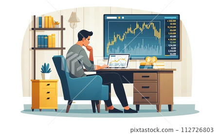 Illustration of a man investing in stocks at home Illustration of a man investing in stocks at home 112726803