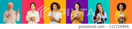 An array of six diverse women showing various expressions and gestures 112726966
