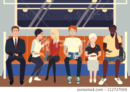 People are sitting in the subway. Cartoon characters. Men and women go to work and study. Vector isolated illustration. 112727009