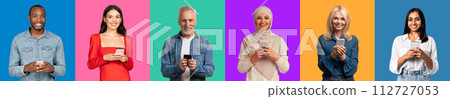 Diverse group of people of varying ages and ethnicities, happily engaged with their smartphones Diverse group of people of varying ages and ethnicities, happily engaged with their smartphones 112727053
