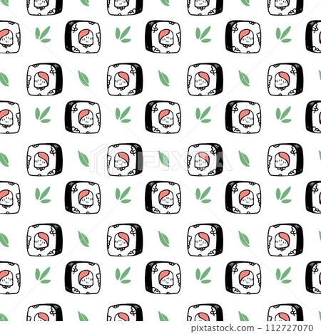 Japanese maki sushi vector seamless pattern line art design on white background 112727070