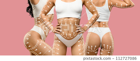 Side, front and back view of lady in white underwear Side, front and back view of lady in white underwear 112727086
