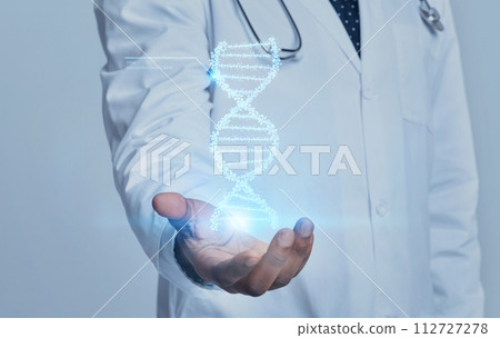 Medical doctor genetic holding DNA chain in his hand Medical doctor genetic holding DNA chain in his hand 112727278