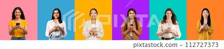 A diverse group of six women with positive expressions standing against colorful backgrounds 112727373