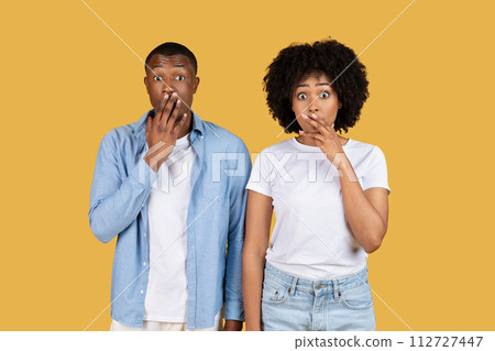 Shocked young couple in casual attire with wide eyes and hands over their mouths expressing surprise 112727447