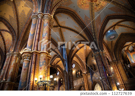 Richly decorated Interior of Matthias church in Buda Castle in Budapest, Hungary Richly decorated Interior of Matthias church in Buda Castle in Budapest, Hungary 112727639