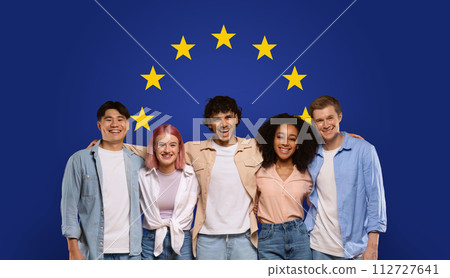 Five cheerful young adults of various ethnic backgrounds standing together with big smiles 112727641